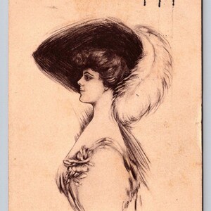 Cartão postal de artista de 1910, esboço de perfil por Cob Shinn, mulher elegante com chapéu de penas de pluma, era da Belle Époque - era bela - era de ouro