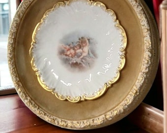 Baroque Rococo Gilded Round Wall Frame Handpainted Porcelain Plate Putti Cherubs