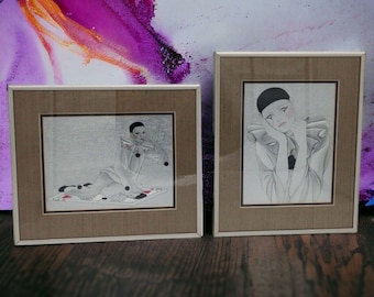 Aangepaste professionele zilveren ingelijste Pierrot Dufex jaren 80 clownprint foliekunst x2