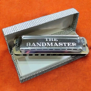 May include: A silver harmonica labeled "THE BANDMASTER" rests in an open case with a black and white textured pattern. The case is lined with white fabric and sits on an orange surface. The harmonica is marked "REGISTERED MADE IN GERMANY".