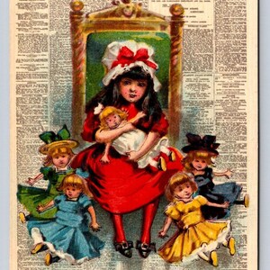 Cartolina antica di Julius Bien del 1907, annuncio di giornale "Cercate bambole più grandi?"