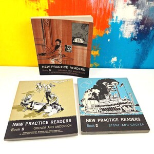 May include: Three vintage New Practice Readers educational books. Book G features a brown cover with a line drawing of a person at a desk. Book B has a tan cover with a cowboy illustration. Book D shows a blue cover with a steamboat illustration.