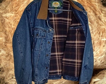 Vintage LG Cabelas Denim Jean Flannel Lined Trucker Cowboy Jacket Leather Collar