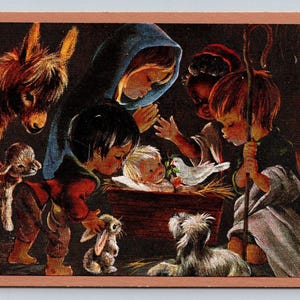Glänzende Vintage Postkarte Kinder Maria Joseph Baby Jesus Tiere Krippe Weihnachten