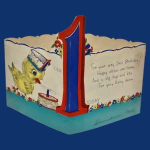 Chapéu de aniversário pop-up de 1 ano de 1942, pintinho, pato, vintage, ferrugem, artesanato, cartão de felicitações recortado
