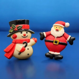Vintage 1970s Christmas Holiday Pins Hallmark Snowman and Jolly Fat Santa Claus