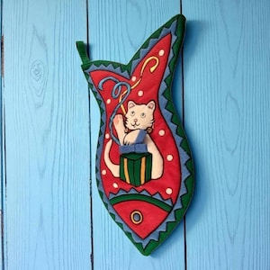 Whimsical White Kitty Cat Vintage 14&quot; L&#39;Art Fish Shaped Puffy Christmas Stocking