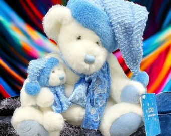 14" White Christmas Collectible 2001 Bear with Baby Bear in Blue Peace/Love/Joy