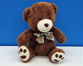 Go! Games - Soft Vintage Brown Teddy Bear with Plaid Bow - 11" Seated Plush Stuffed Animal Toy - Nursery Decor or Gift