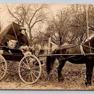 Wczesne lata 1900. Wypoczynek Fantazyjny Kobiecy Kapelusz Koński Wóz Futrzany Koc RPPC Prawdziwe Zdjęcie Pocztówka