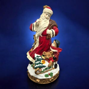 Vintage St Nick Santa Claus Music Box Toy Sack Little Boy Teddy Bear Sleigh RARE