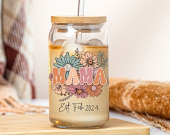 Personalized Glass Tumbler with Straw and Lid, Unique Mother's Day Gift, Iced Coffee Cup, Glass can coffee cup for Mom, Custom Mama Gifts