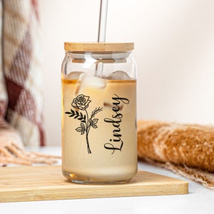 Personalized Coffee Tumbler with Birth Flower, Glass Cup with Name, Custom Beer Can Glass with Lid and Straw, Bridesmaid Gift, Mothers Day