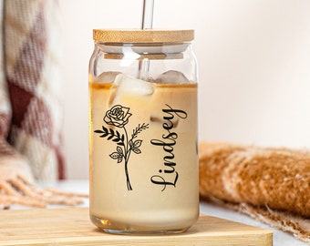 Personalized Coffee Tumbler with Birth Flower, Glass Cup with Name, Custom Beer Can Glass with Lid and Straw, Bridesmaid Gift, Mothers Day