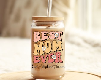 Personalized Glass Tumbler with Straw and Lid, Best Mom Ever Gift, Iced Coffee Cup, Glass can coffee cup, Custom Mothers Day Gifts, Mama
