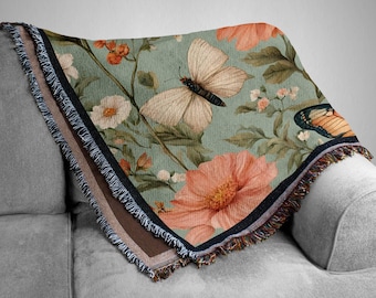 Cottagecore Woven Blanket, Woven Tapestry Wedding Gift For Couple, Boho Wildflowers, Pastel Floral Blanket Butterfly, Mushroom Lover Present
