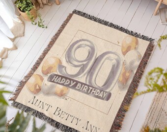 90th birthday gift ideas male, Personalized Born in 1935 Gift For Grandpa, Ninety Anniversary Woven Blanket, Custom 90th birthday favors