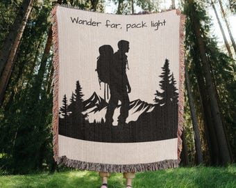 Backpackers gift, personalized blanket for camping enthusiast, hiking couple gifts, outdoor lover gift, woven blanket, traveling man gear