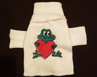 Frog with Heart White Turtleneck Knit Long Sleeve Shirt Dog Puppy Teacup Pet Clothes 4XS - Large