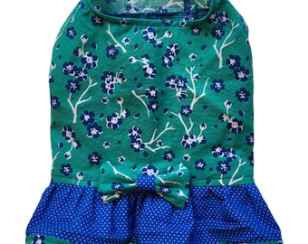 Blue Flowers on Green and White Polka Dots on Blue Ruffle Shirt Dog Puppy Teacup Pet Clothes 4xs - Small