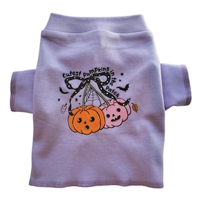 Peut inclure: Un t-shirt pour animaux de compagnie lavande avec un motif de deux citrouilles, une orange et une rose, avec le texte "Cutest pumpkins in the Patch". Le t-shirt a des manches courtes et un col montant, parfait pour Halloween.