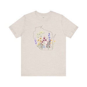 Wisconsin Wildflowers Shirt with State Outline Heather Dust