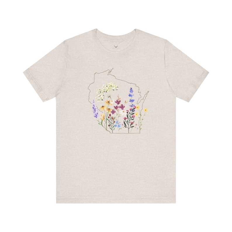 Wisconsin Wildflowers Shirt with State Outline Heather Dust