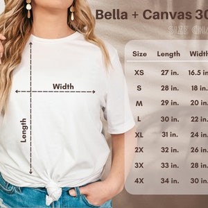 May include: Size chart for Bella + Canvas 3001 t-shirts, showing measurements in inches for XS, S, M, L, XL, 2X, 3X, and 4X sizes. The chart shows the length and width of each size.