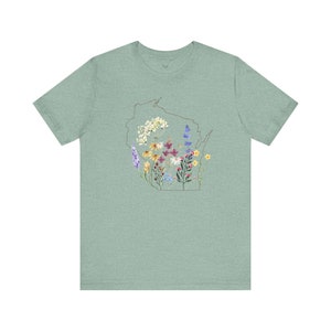 Wisconsin Wildflowers Shirt with State Outline Heather Prism Dusty Blue