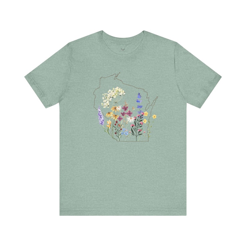 Wisconsin Wildflowers Shirt with State Outline Heather Prism Dusty Blue