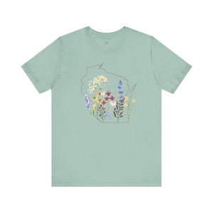 Wisconsin Wildflowers Shirt with State Outline Dusty Blue