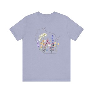 Wisconsin Wildflowers Shirt with State Outline Heather Blue