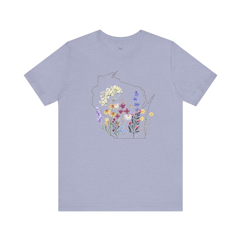Wisconsin Wildflowers Shirt with State Outline Heather Blue