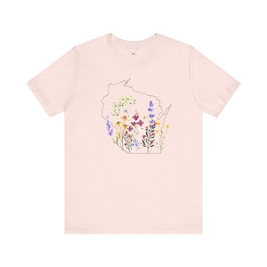Wisconsin Wildflowers Shirt with State Outline Soft Pink