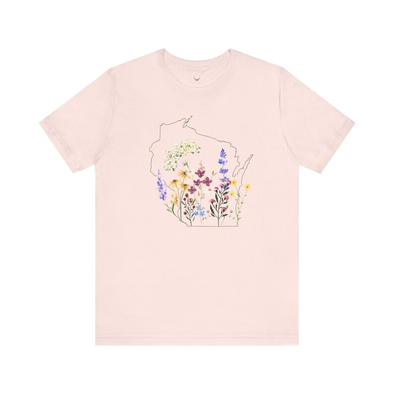 Wisconsin Wildflowers Shirt with State Outline Soft Pink