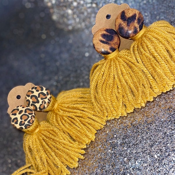 Mustard Yellow Leopard Yarn Tassel Earrings