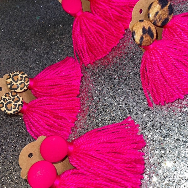 Pink Leopard Yarn Tassel Earrings