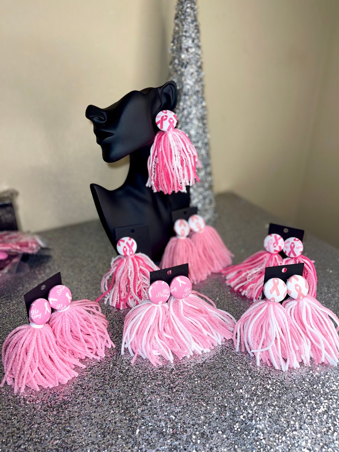 Breast Cancer Pink Tassel Earrings Etsy