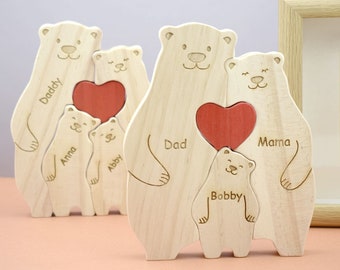 Wooden Bear Family Puzzle, Personalized Mother's Day Gift, DIY Art Puzzle, Engraved Name Wooden Bear Figurines, Family Home Decor, Mom Gift