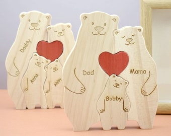 Houten beer familiepuzzel, gepersonaliseerd Moederdagcadeau, DIY kunstpuzzel, gegraveerde naam houten beerbeeldjes, familiehuisdecor, moedercadeau