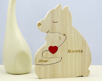 Puzzle de famille ours en bois, cadeau personnalisé pour la fête des mères, puzzle de nom d'art bricolage, figurines d'animaux en bois gravées, cadeau souvenir de famille