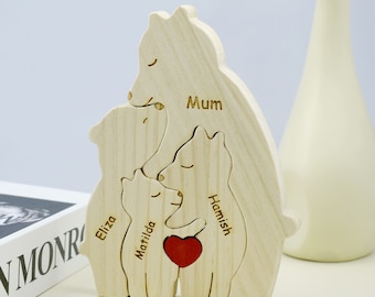 Personalized Wooden Bear Family Puzzle, DIY Wooden Puzzle, Custom Mother's Day Gift, Engraved Name Animal Figurines, Family Keepsake Gift