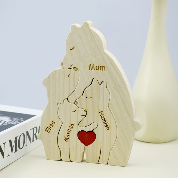 Puzzle personalizzato per la famiglia di orsi in legno, puzzle in legno fai da te, regalo personalizzato per la festa della mamma, figurine di animali con nome inciso, regalo ricordo di famiglia