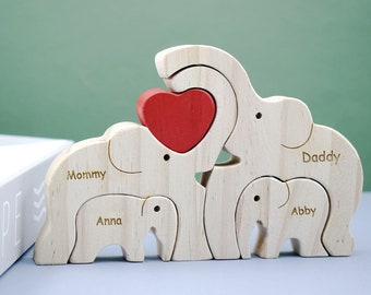 Puzzle de famille en bois avec des éléphants, cadeau personnalisé pour la fête des pères, figurine d'éléphant avec nom gravé bricolage, puzzle d'animaux en bois personnalisé, décoration d'intérieur