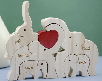 Aangepaste houten olifant familie puzzel, DIY gegraveerde naam puzzel, olifant dier beeldje, gepersonaliseerde houten puzzel, Moederdag cadeau, woondecoratie