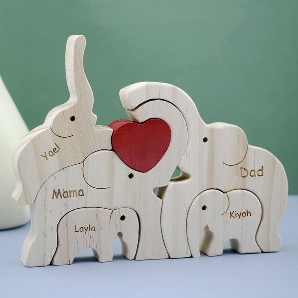 Personalisiertes Elefanten-Familienpuzzle aus Holz, DIY-graviertes Namenspuzzle, Elefanten-Tierfigur, personalisiertes Holzpuzzle, Muttertagsgeschenk, Wohndekoration