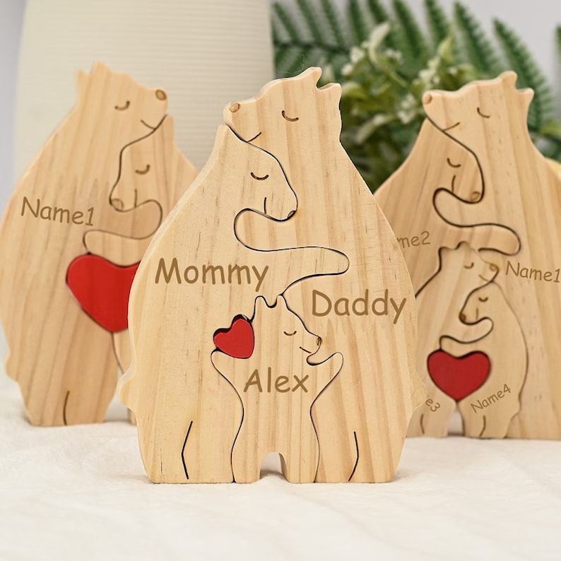Personalized Wooden Bear Family Puzzle, DIY Wooden Puzzle, Engraved Name Family Puzzle, Mother's Day Gift, Kids Gift, Family Keepsake Gifts image 1
