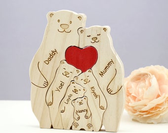 Personalisierte hölzerne Bärenfamilie Puzzle, Muttertagsgeschenk, Familienandenken-Geschenk, gravierte Name hölzerne Bärenfiguren, Wohnkultur, Mammageschenk