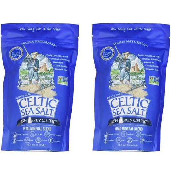 2 bolsas de sal celta, 1 libra cada una 100% natural, sal marina celta orgánica, sal marina celta, oligoelementos, mejor calidad, gris claro, gruesa