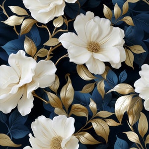 Magnolia Floral Pattern Navy Blue Luxurious Gold Leaves Elegant Non-Transparent PNG Instant DOWNLOAD Printable Art Digital ONLY Sublimation
